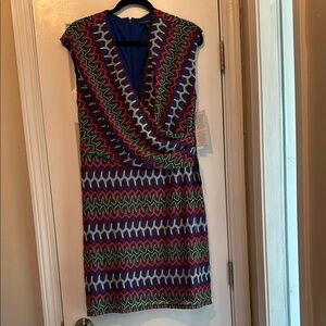 Maggy London Pink and Purple Sheath Midi Dress Plunge Neckline